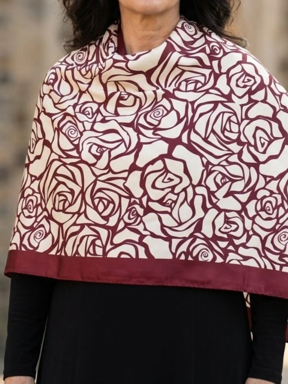 NWT Burgundy Abstract Floral Rose Print Satin Square Scarf Head Wrap 35